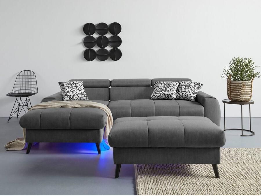 COTTA Hoekbank Mia L-vorm met 3 sierkussens keuze met bedfunctie bedlade verlichting & draadloze oplader