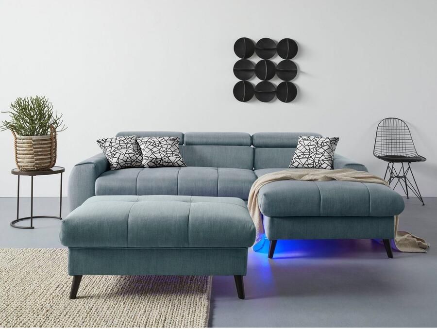 COTTA Hoekbank Mia L-vorm met 3 sierkussens keuze met bedfunctie bedlade verlichting & draadloze oplader
