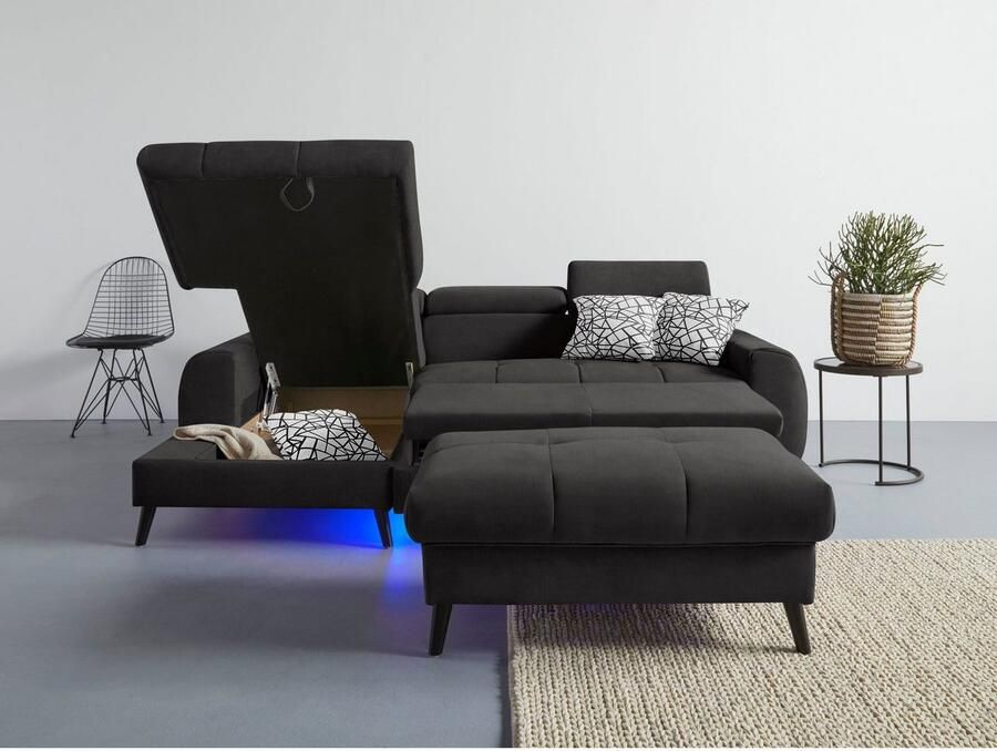 COTTA Hoekbank Mia L-vorm met 3 sierkussens keuze met bedfunctie bedlade verlichting & draadloze oplader