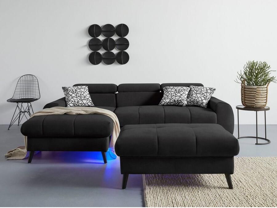 COTTA Hoekbank Mia L-vorm met 3 sierkussens keuze met bedfunctie bedlade verlichting & draadloze oplader