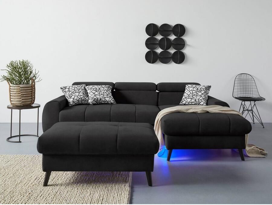 COTTA Hoekbank Mia L-vorm met 3 sierkussens keuze met bedfunctie bedlade verlichting & draadloze oplader