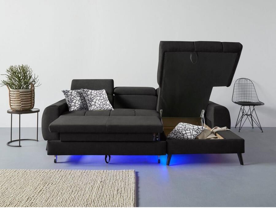 COTTA Hoekbank Mia L-vorm met 3 sierkussens keuze met bedfunctie bedlade verlichting & draadloze oplader