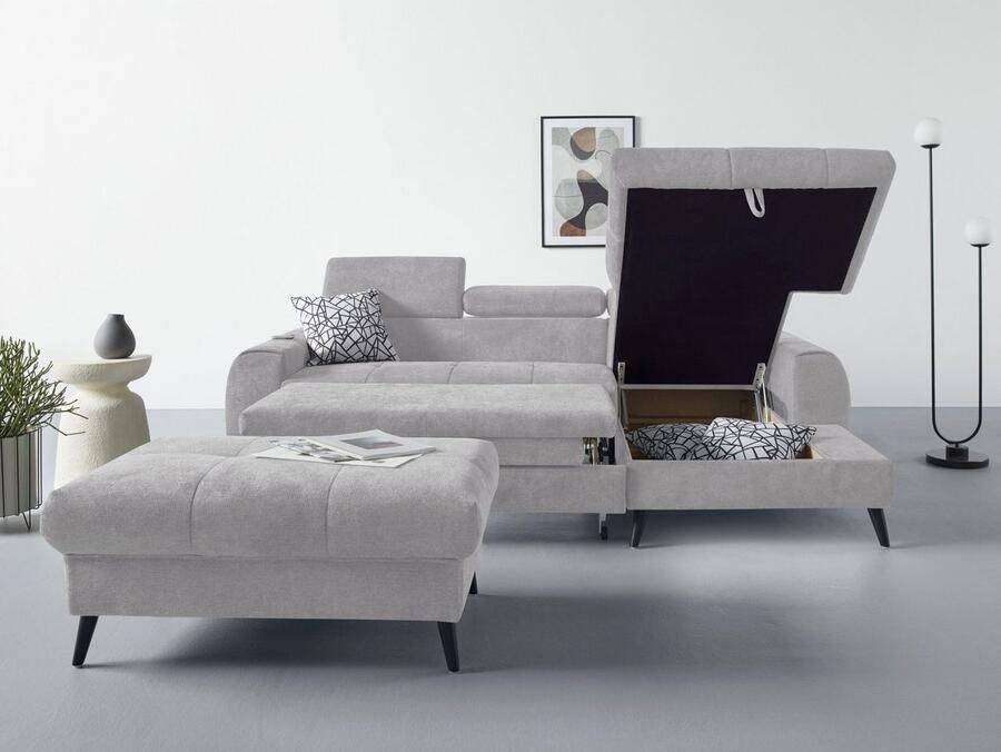 COTTA Hoekbank Mia L-vorm met 3 sierkussens keuze met bedfunctie bedlade verlichting & draadloze oplader