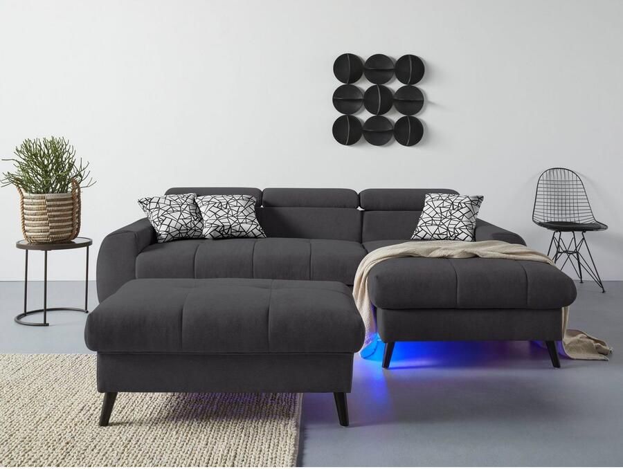 COTTA Hoekbank Mia L-vorm met 3 sierkussens keuze met bedfunctie bedlade verlichting & draadloze oplader