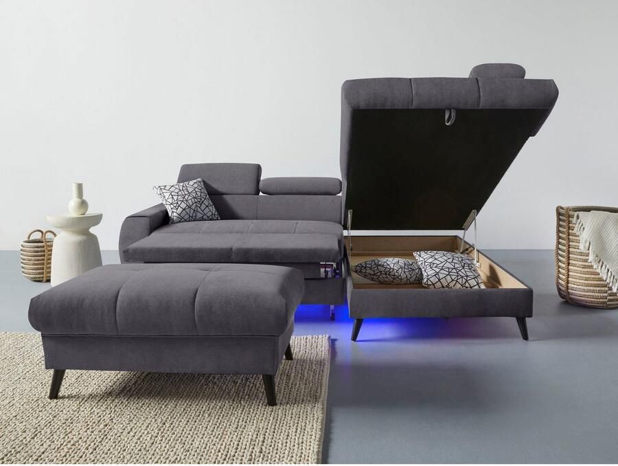 COTTA Hoekbank Mia L-vorm met 3 sierkussens keuze met bedfunctie bedlade verlichting & draadloze oplader