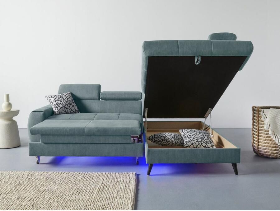 COTTA Hoekbank Mia L-vorm met 3 sierkussens keuze met bedfunctie bedlade verlichting & draadloze oplader