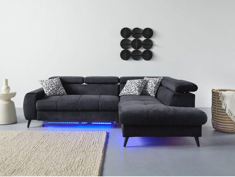 COTTA Hoekbank Mia L-vorm met 3 sierkussens keuze met bedfunctie bedlade verlichting & draadloze oplader