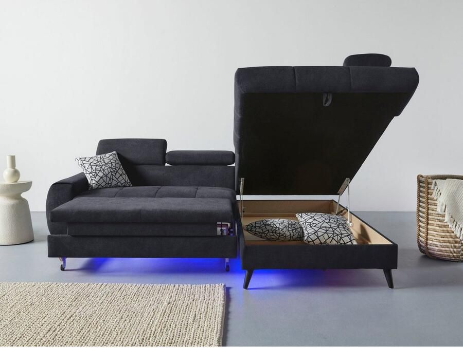 COTTA Hoekbank Mia L-vorm met 3 sierkussens keuze met bedfunctie bedlade verlichting & draadloze oplader