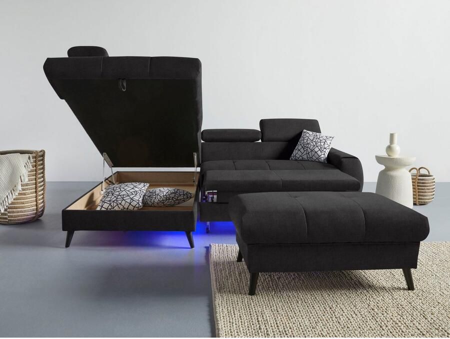 COTTA Hoekbank Mia L-vorm met 3 sierkussens keuze met bedfunctie bedlade verlichting & draadloze oplader