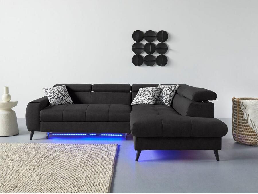 COTTA Hoekbank Mia L-vorm met 3 sierkussens keuze met bedfunctie bedlade verlichting & draadloze oplader