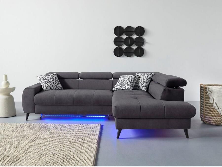 COTTA Hoekbank Mia L-vorm met 3 sierkussens keuze met bedfunctie bedlade verlichting & draadloze oplader