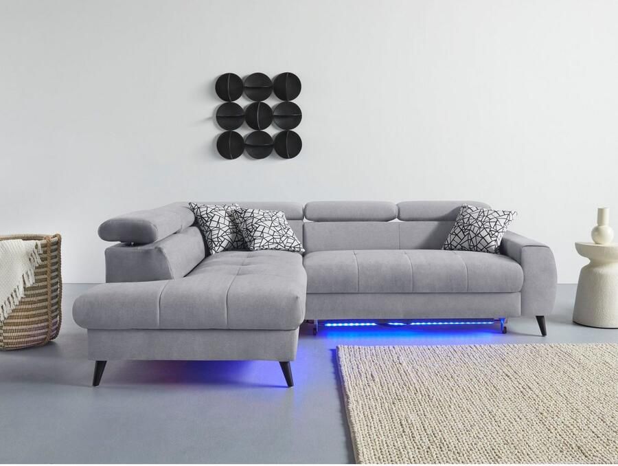 COTTA Hoekbank Mia L-vorm met 3 sierkussens keuze met bedfunctie bedlade verlichting & draadloze oplader