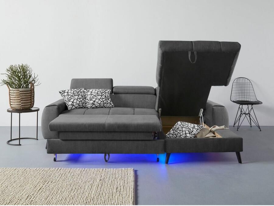 COTTA Hoekbank Mia L-vorm met 3 sierkussens keuze met bedfunctie bedlade verlichting & draadloze oplader