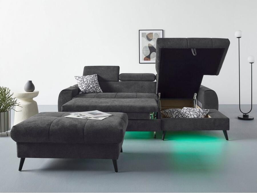 COTTA Hoekbank Mia L-vorm met 3 sierkussens keuze met bedfunctie bedlade verlichting & draadloze oplader