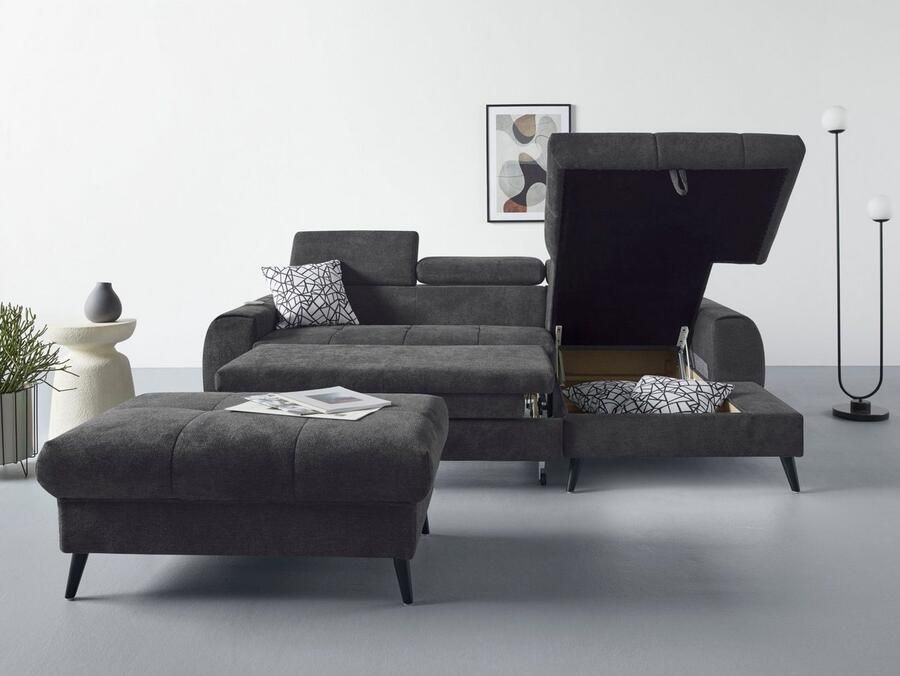 COTTA Hoekbank Mia L-vorm met 3 sierkussens keuze met bedfunctie bedlade verlichting & draadloze oplader