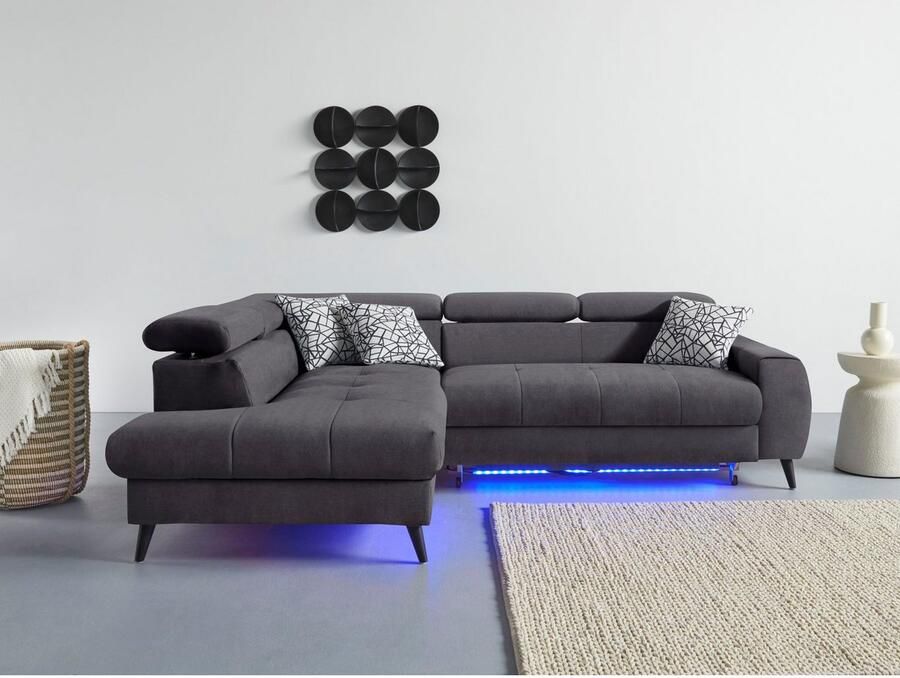 COTTA Hoekbank Mia L-vorm met 3 sierkussens keuze met bedfunctie bedlade verlichting & draadloze oplader