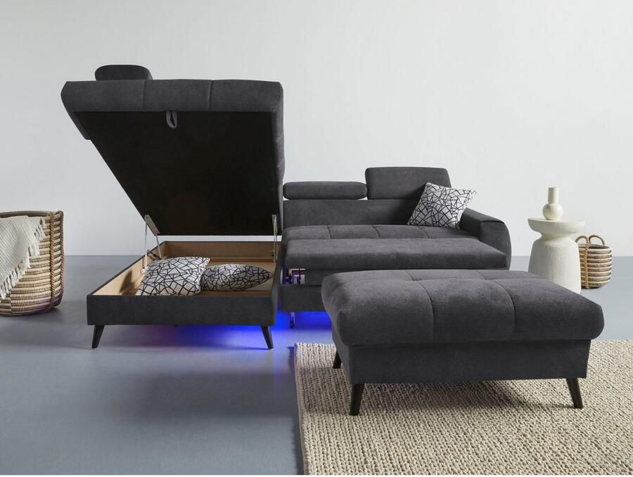 COTTA Hoekbank Mia L-vorm met 3 sierkussens keuze met bedfunctie bedlade verlichting & draadloze oplader