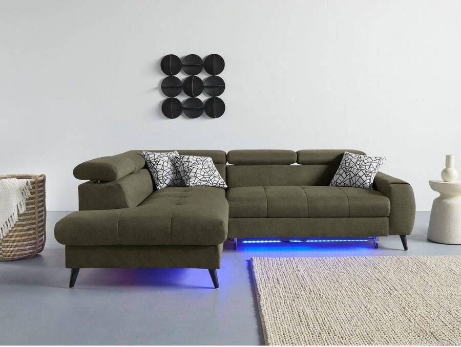 COTTA Hoekbank Mia L-vorm met 3 sierkussens keuze met bedfunctie bedlade verlichting & draadloze oplader