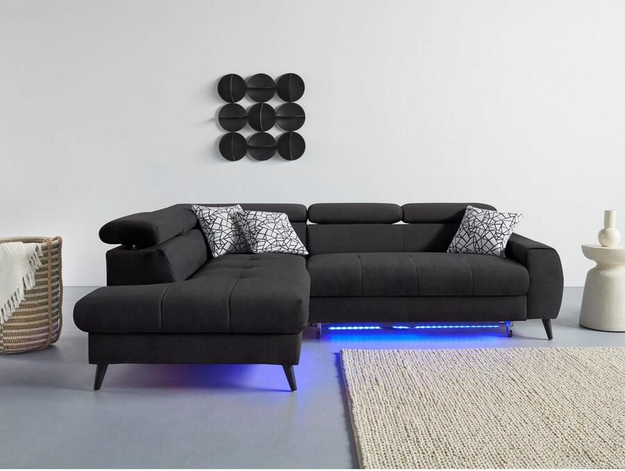 COTTA Hoekbank Mia L-vorm met 3 sierkussens keuze met bedfunctie bedlade verlichting & draadloze oplader