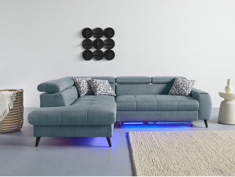 COTTA Hoekbank Mia L-vorm met 3 sierkussens keuze met bedfunctie bedlade verlichting & draadloze oplader