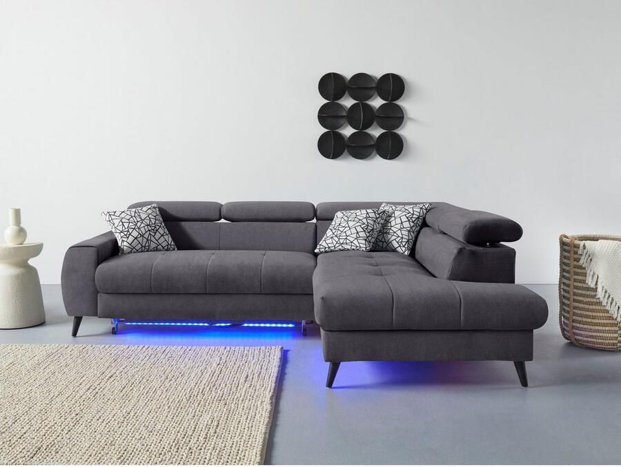 COTTA Hoekbank Mia L-vorm met 3 sierkussens keuze met bedfunctie bedlade verlichting & draadloze oplader