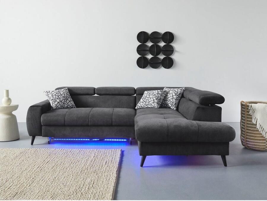 COTTA Hoekbank Mia L-vorm met 3 sierkussens keuze met bedfunctie bedlade verlichting & draadloze oplader