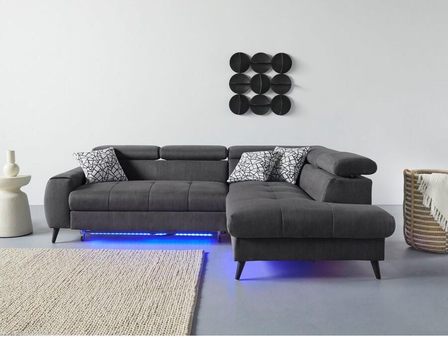 COTTA Hoekbank Mia L-vorm met 3 sierkussens keuze met bedfunctie bedlade verlichting & draadloze oplader