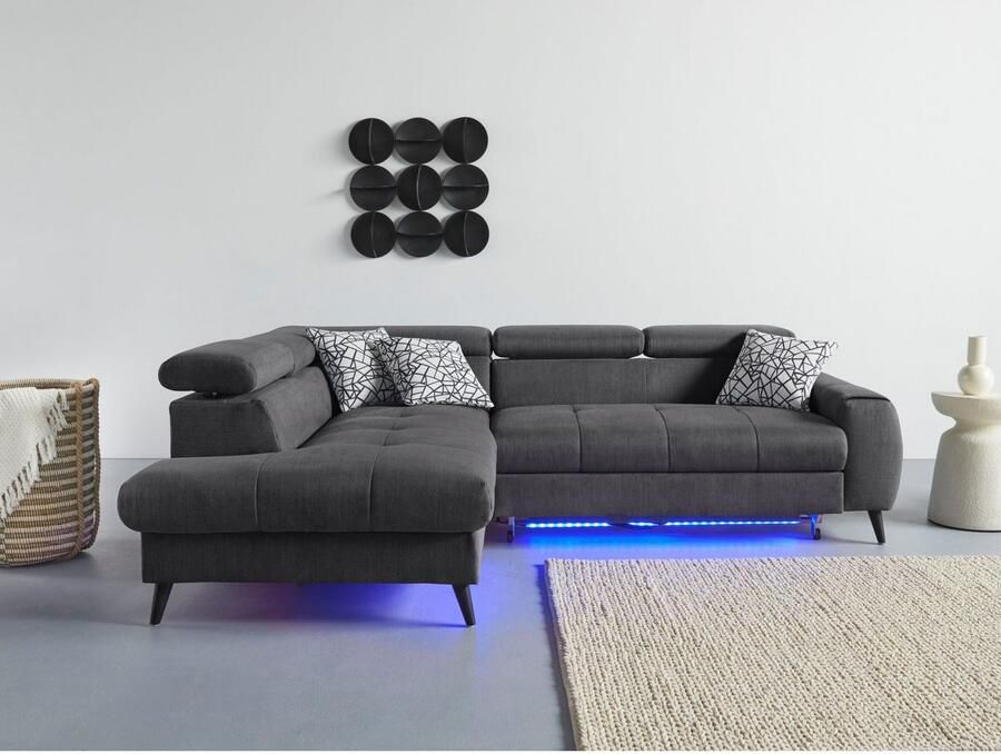 COTTA Hoekbank Mia L-vorm met 3 sierkussens keuze met bedfunctie bedlade verlichting & draadloze oplader