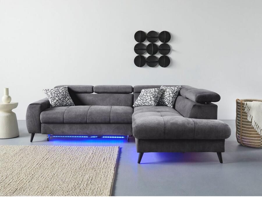 COTTA Hoekbank Mia L-vorm met 3 sierkussens keuze met bedfunctie bedlade verlichting & draadloze oplader