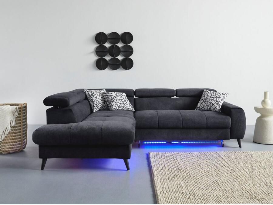 COTTA Hoekbank Mia L-vorm met 3 sierkussens keuze met bedfunctie bedlade verlichting & draadloze oplader