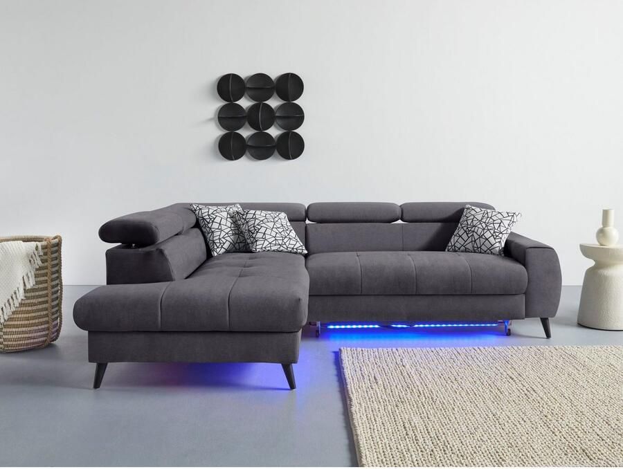 COTTA Hoekbank Mia L-vorm met 3 sierkussens keuze met bedfunctie bedlade verlichting & draadloze oplader