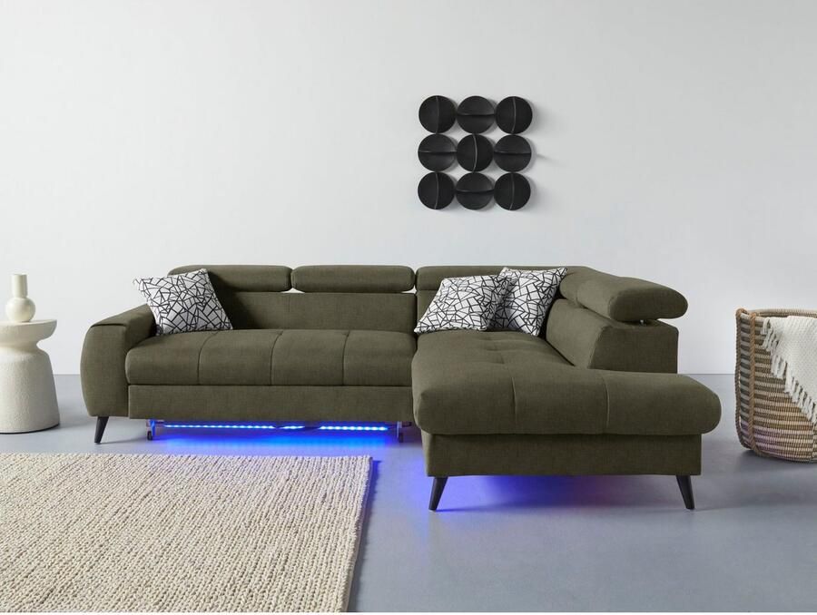 COTTA Hoekbank Mia L-vorm met 3 sierkussens keuze met bedfunctie bedlade verlichting & draadloze oplader