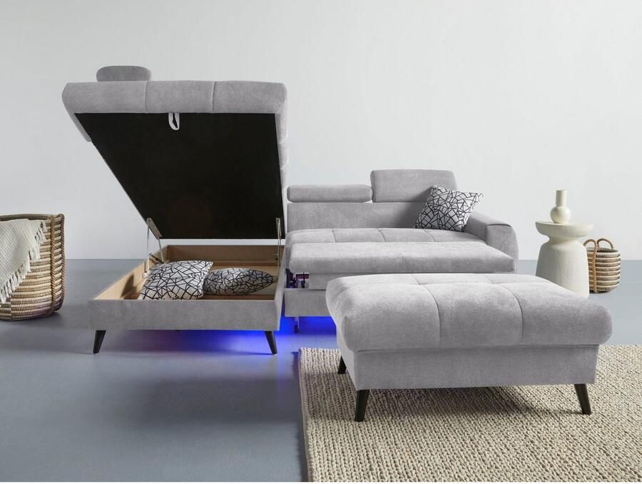 COTTA Hoekbank Mia L-vorm met 3 sierkussens keuze met bedfunctie bedlade verlichting & draadloze oplader