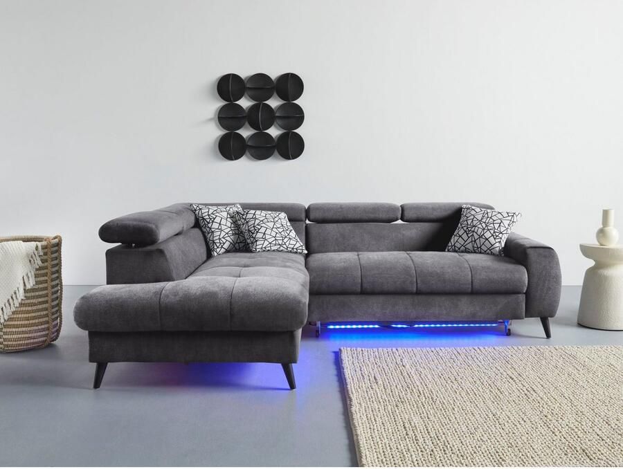 COTTA Hoekbank Mia L-vorm met 3 sierkussens keuze met bedfunctie bedlade verlichting & draadloze oplader