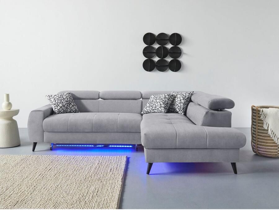 COTTA Hoekbank Mia L-vorm met 3 sierkussens keuze met bedfunctie bedlade verlichting & draadloze oplader