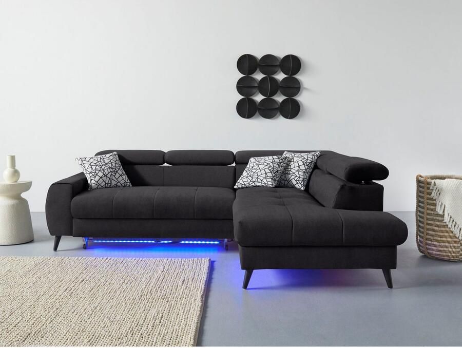 COTTA Hoekbank Mia L-vorm met 3 sierkussens keuze met bedfunctie bedlade verlichting & draadloze oplader