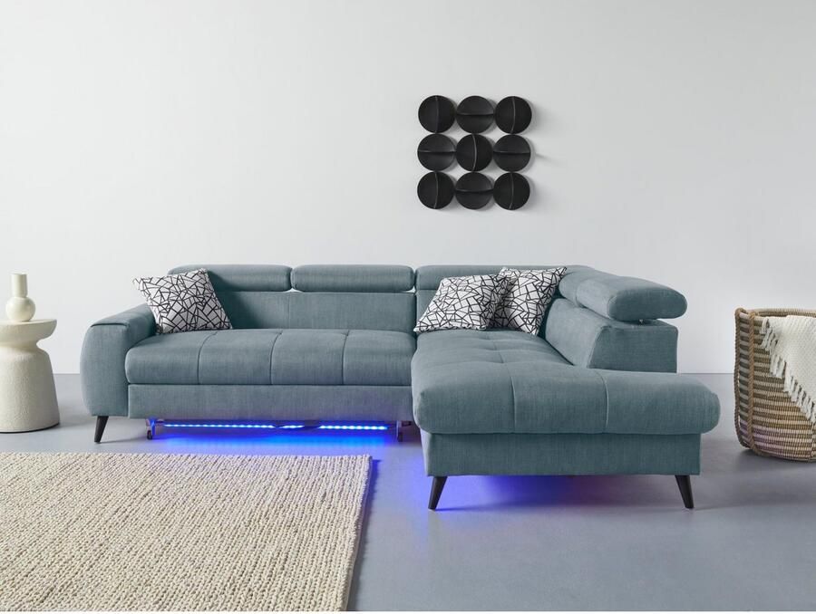 COTTA Hoekbank Mia L-vorm met 3 sierkussens keuze met bedfunctie bedlade verlichting & draadloze oplader