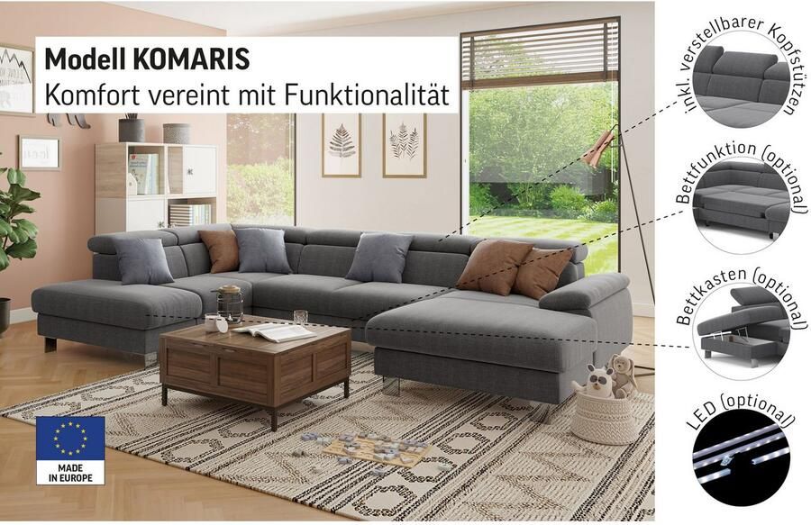 COTTA Zithoek Komaris U-vorm B: 320 cm met hoofdverstelling optioneel bedfunctie bedlade & licht