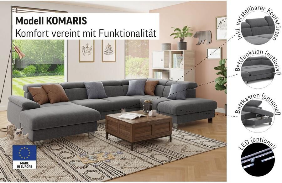 COTTA Zithoek Komaris U-vorm B: 320 cm met hoofdverstelling optioneel bedfunctie bedlade & licht