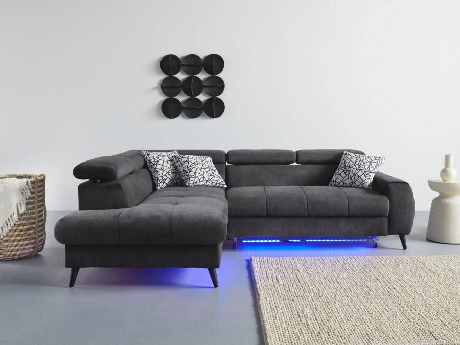 COTTA Hoekbank Mia L-vorm met 3 sierkussens keuze met bedfunctie bedlade verlichting & draadloze oplader