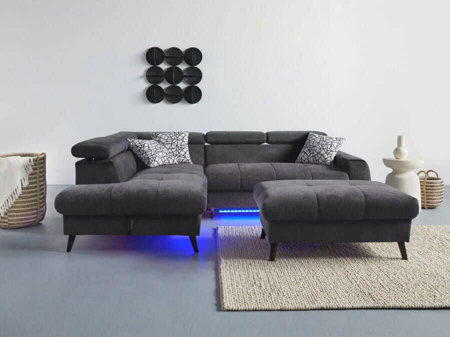 COTTA Hoekbank Mia L-vorm met 3 sierkussens keuze met bedfunctie bedlade verlichting & draadloze oplader