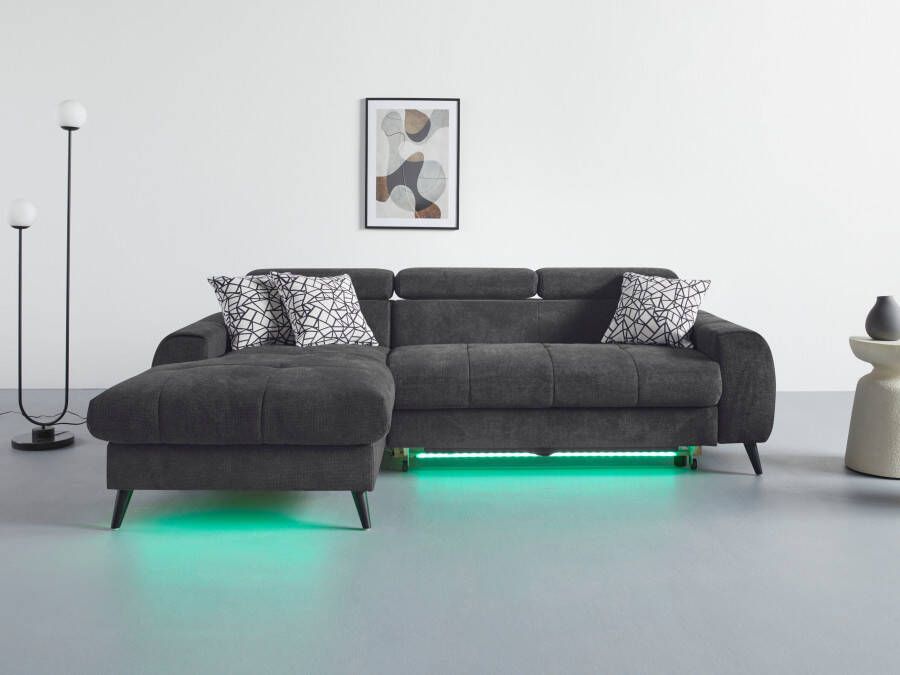 COTTA Hoekbank Mia L-vorm met 3 sierkussens keuze met bedfunctie bedlade verlichting & draadloze oplader