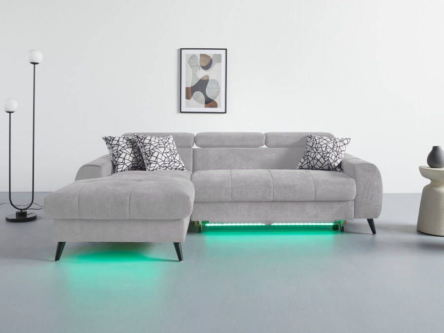 COTTA Hoekbank Mia L-vorm met 3 sierkussens keuze met bedfunctie bedlade verlichting & draadloze oplader