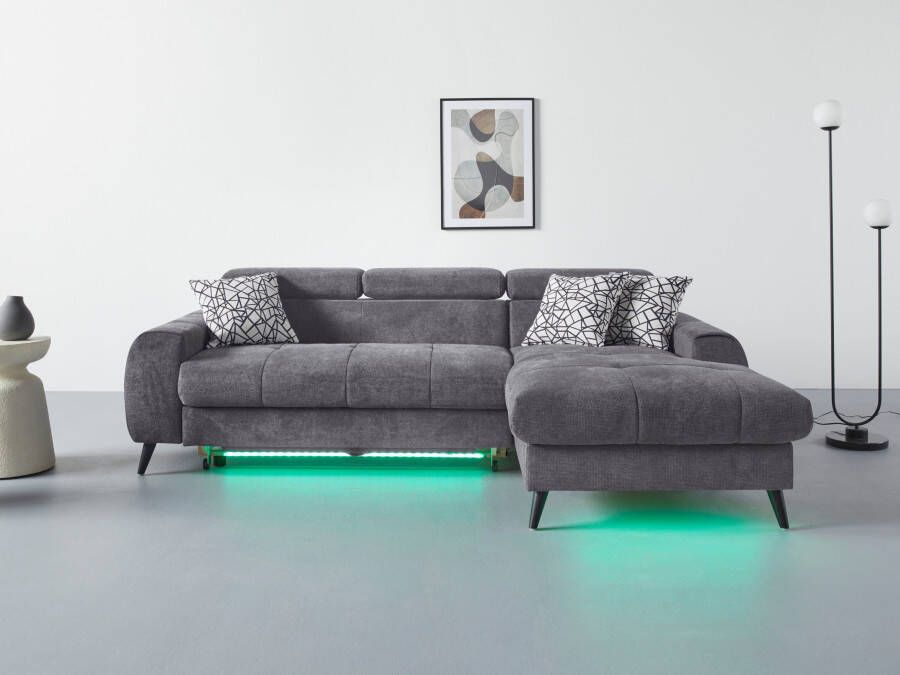 COTTA Hoekbank Mia L-vorm met 3 sierkussens keuze met bedfunctie bedlade verlichting & draadloze oplader