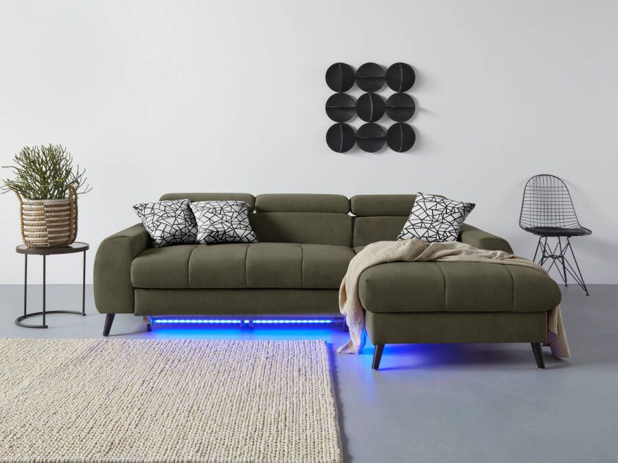 COTTA Hoekbank Mia L-vorm met 3 sierkussens keuze met bedfunctie bedlade verlichting & draadloze oplader