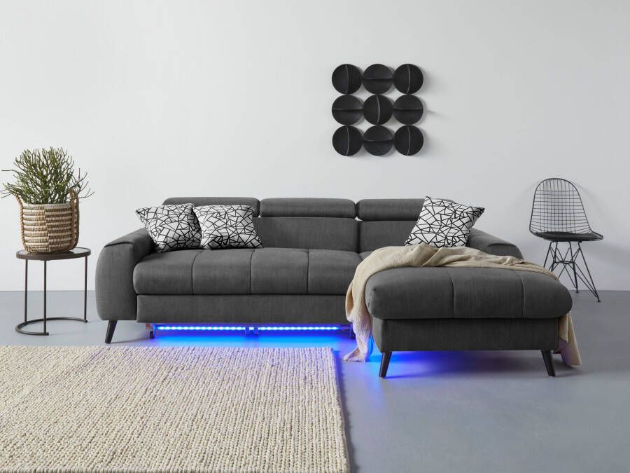 COTTA Hoekbank Mia L-vorm met 3 sierkussens keuze met bedfunctie bedlade verlichting & draadloze oplader
