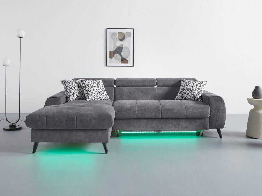 COTTA Hoekbank Mia L-vorm met 3 sierkussens keuze met bedfunctie bedlade verlichting & draadloze oplader