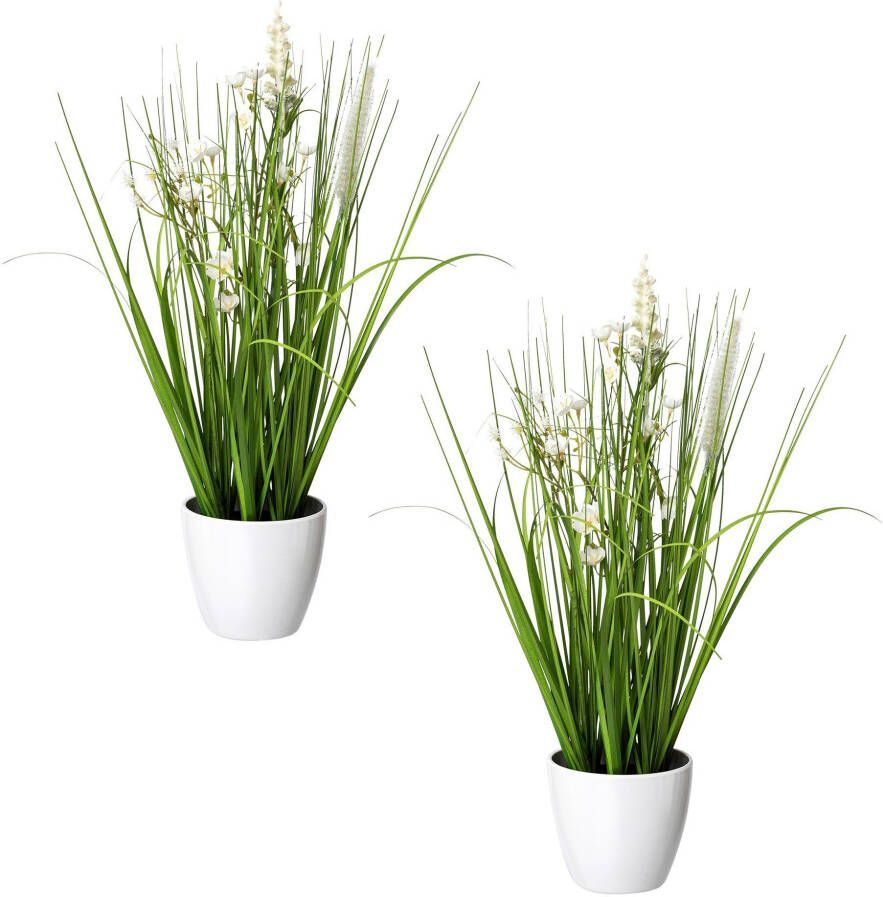 Creativ green Kunstgras Bloemen-grasmix in witte kunststof houder