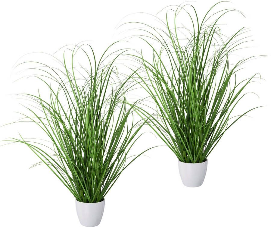 Creativ green Kunstgras Grasmix set van 2 in een decoratieve plastic pot (2 stuks)