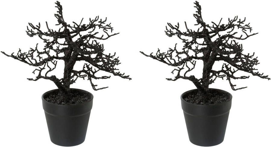 Creativ green Kunstkerstboom Kerst versiering in kleur passend pot en met glinsterende uitstraling (2 stuks)